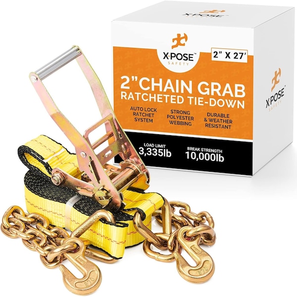 Xpose Safety Ratchet Straps Heavy Duty, 2 In x 27 FT Tie Down Straps Ratchet Operated with Chain Grabs RTD227-CG-1-X - main