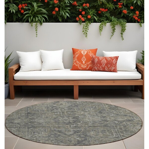 Homeroots 8' Round Brown and Black Round Oriental Washable Non Skid Indoor Outdoor Area Rug 563822 - main