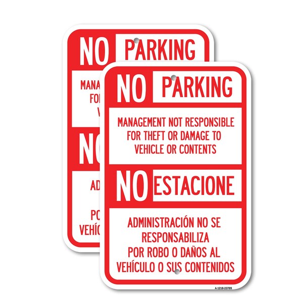 Signmission No Parking Management Not Responsible for Theft or Dama, 18'' X 24'', Heavy Gauge Aluminum, 2PK A-1824-2PACK-23709 - main