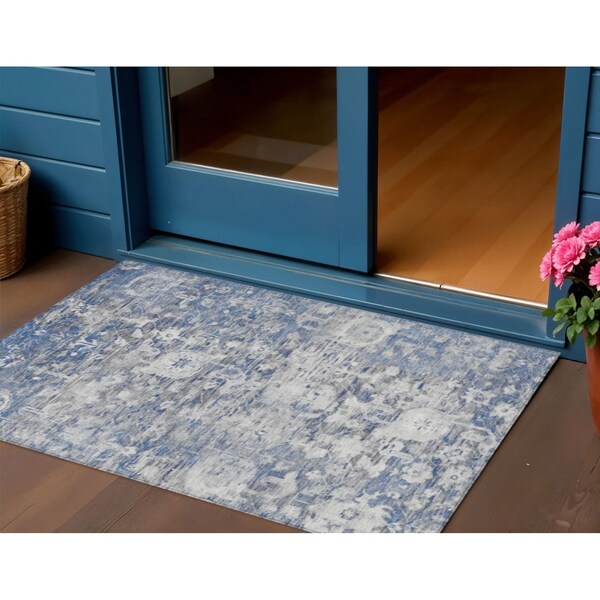 Homeroots 3' X 5' Blue And Denim Blue Floral Washable Indoor Outdoor Area Rug 609528 - main