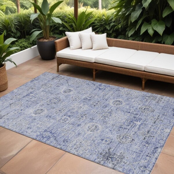 Homeroots 10' X 14' Blue And Gray Damask Washable Indoor Outdoor Area Rug 604191 - main
