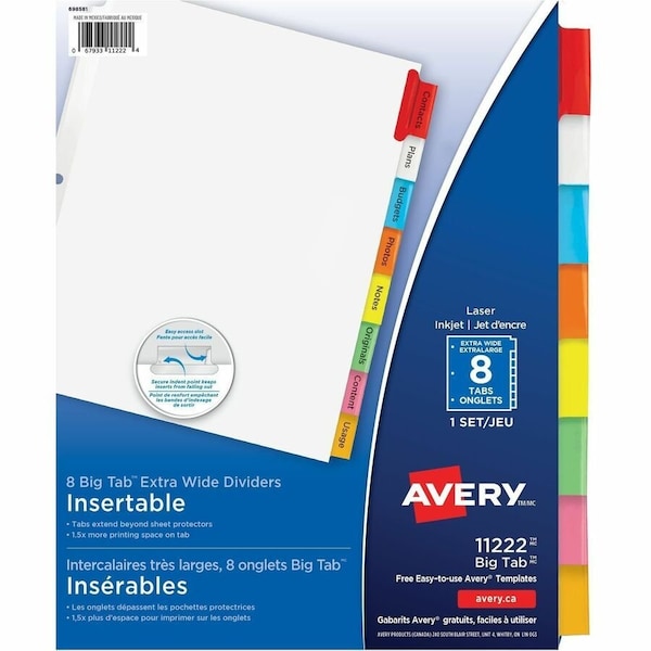 Avery Dennison Avery WorkSaver Extra Wide Big Tab Divider, Blank, 9"x11", 8 Tabs, White/Multicolor 11222 - main