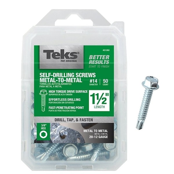 Teks Self-Drilling Screw, #14 x 1-1/2 in, Zinc Plated Steel Flange Hex Head External Hex Drive 21352 - main