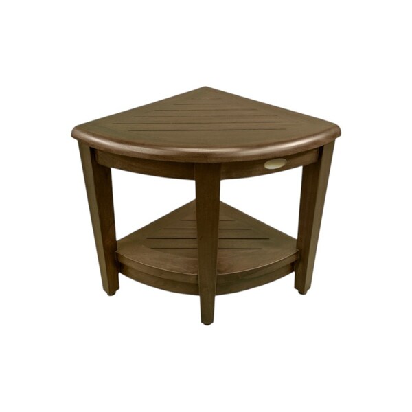 Homeroots Curvilinear Dark Brown Teak 18" Corner Shower Bench With Shelf 383308 - main