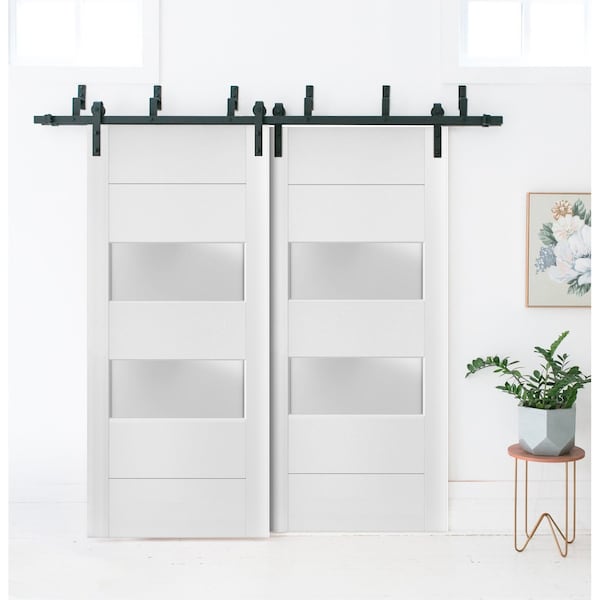 Sartodoors Sliding Closet 2 lites Barn Bypass Doors, Lucia 4010 White Silk with Frosted Glass, Sturdy 6.6ft Ra LUCIA4010BBB-WS-36 - main