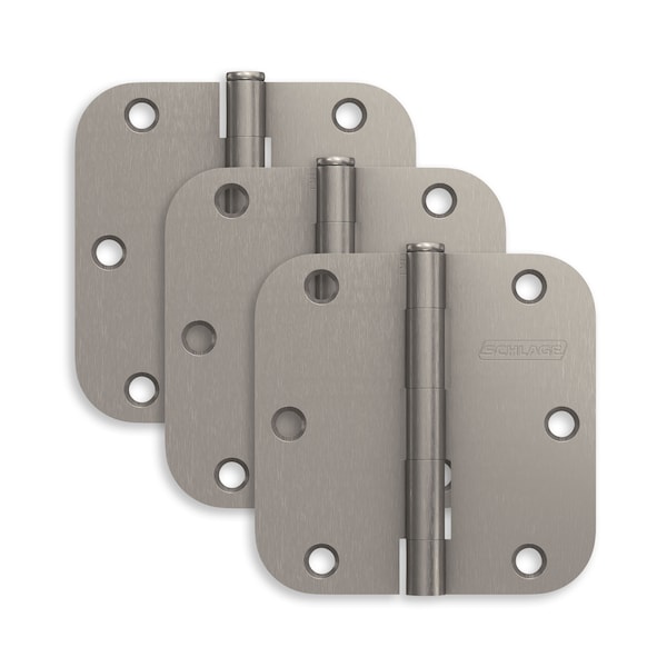 Schlage Residential Pack of 3 3-1/2in x 3-1/2in 5/8in Radius Corner Hinges Satin Nickel Finish, 3PK S3P1011FRP619 - main