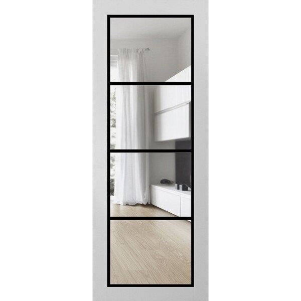Sartodoors Slab Barn Door Panel Clear Glass, Lucia 2466 White Silk and Aluminum Strips, Sturdy Finished Doors LUCIA2466S-WS-36 x 80 - main