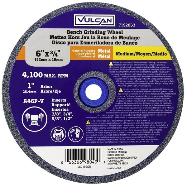 Vulcan Vulcan Straight Bench Grinding Wheel, 6 In Dia, 1 In, 6 Grit, Medium Grade, 4100 Rpm, Aluminum Oxide 980430OR - main