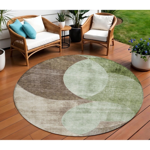 Homeroots 8' Artichoke Green Brown And Beige Round Geometric Washable Indoor Outdoor Area Rug 604901 - main