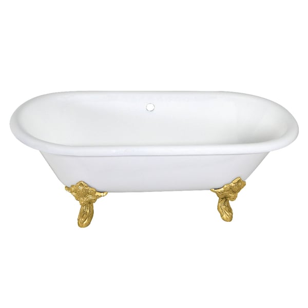 Kingston Brass 72" Cast Iron Oval Double Ended Clawfoot Tub, No Faucet Drillings, White/Brushed Brass VCTDE7232NL7 - main