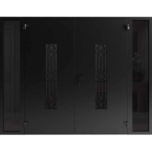 Vdomdoors Front Exterior Prehung Aluminum Double Doors Ronex1477 Black Enamel 2 Sidelights Mirrored Clear RONEX1477DEXD-BLK-W14+72+14xH80-LH-I - main