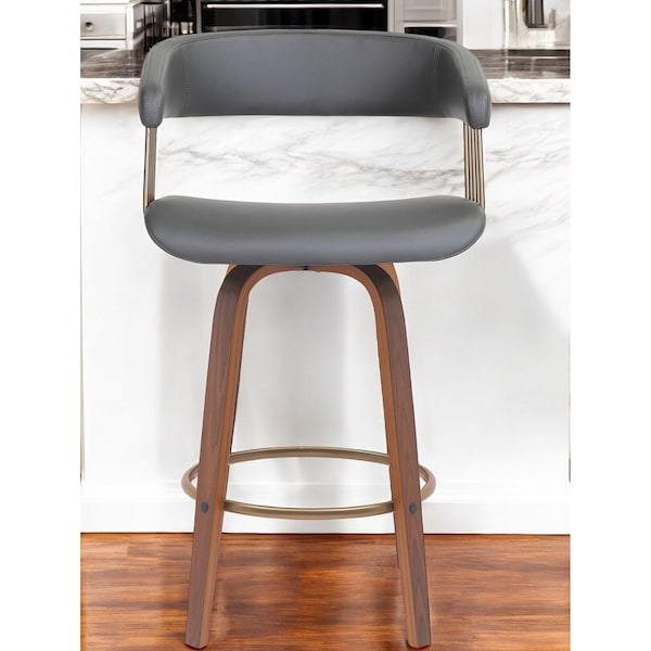 Homeroots 26" Gray And Wood Brown Faux Leather Swivel Counter Height Bar Chair 534466 - main
