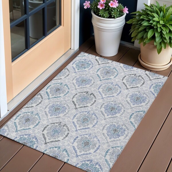 Homeroots 3' X 5' Gray And Denim Blue Medallion Washable Indoor Outdoor Area Rug 587656 - main