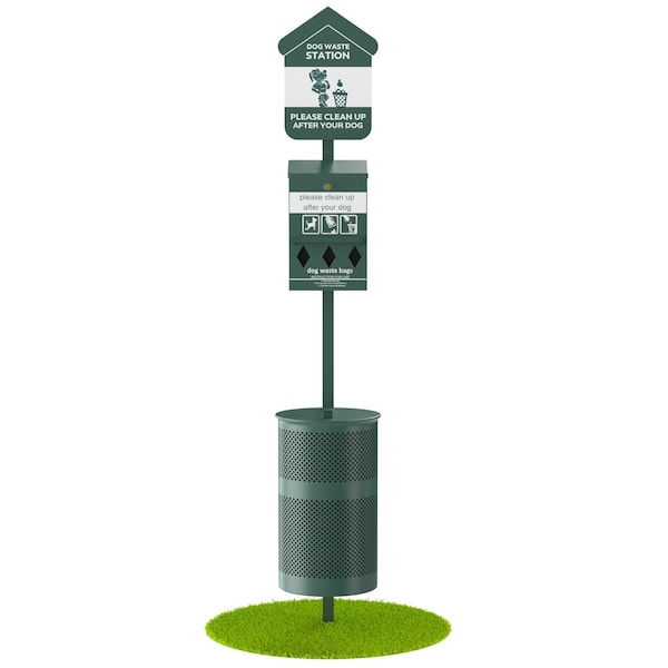 Furloo Pet Waste Station Kit with Roll Bag Dispenser, 11.5 Gallon Trash Can, Glow-in-the-Dark, Steel, Green FLO1R-S-G - main
