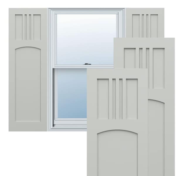 Ekena Millwork True Fit PVC San Miguel Mission Style Fixed Mount Shutters, Hailstorm Gray, 12W x 28H, PR TFP001SM12X028ST - main