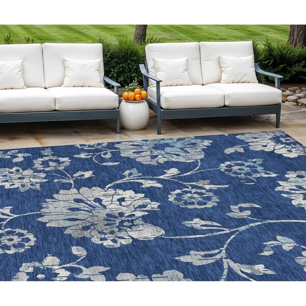 Homeroots 8' X 10' Navy Blue And Gray Floral Washable Indoor Outdoor Area Rug 589485 - main