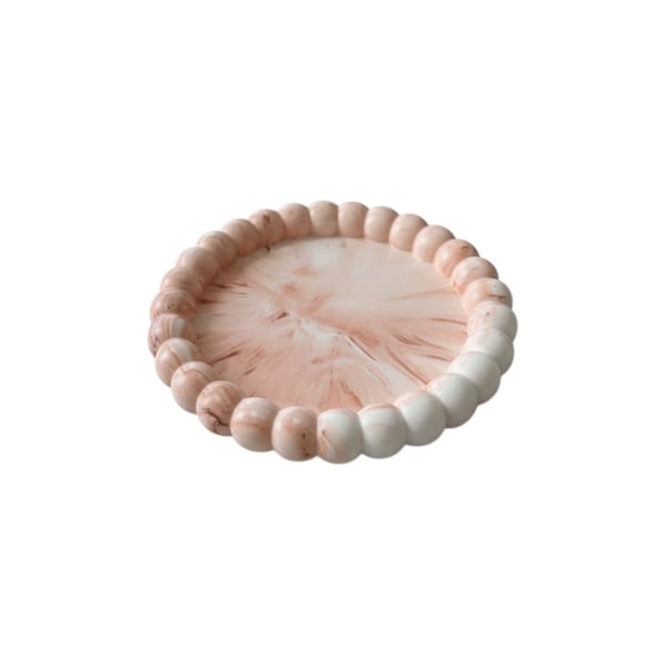 Homeroots 6in Pink And White Resin Marbleized Handmade Round Trinket Tray 724184 - main