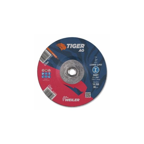 Weiler Tiger AO Cutting Wheel, 6 in dia x 0.045 in Thick, 5/8 in-11 UNC Arbor, A60T, Type 27, 10PK 804-57044 - main