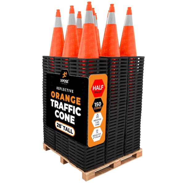 Xpose Safety Traffic Safety Cone, 28 in, PVC, 6 in Reflective Collar, DOT Approved, Orange, Half Pallet, PK150 OTC28-6-HP150-X - main