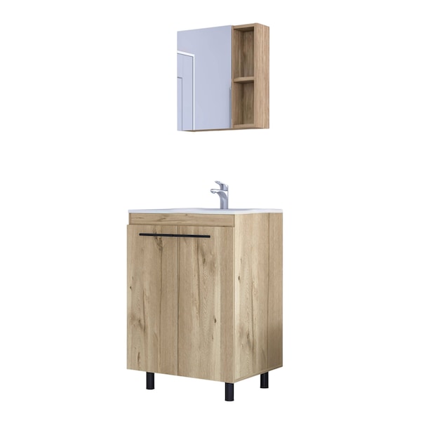 Homeroots 18" Natural Wood Freestanding Bathroom Vanity With White Sink And Medicine Cabinet With Mirror 546367 - main
