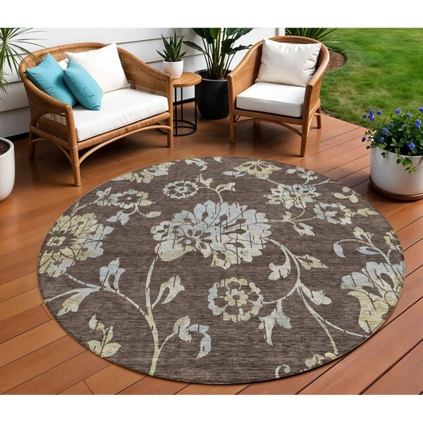 Homeroots 8' Chocolate Sky Blue And Artichoke Green Round Floral Washable Indoor Outdoor Area Rug 589460 - main