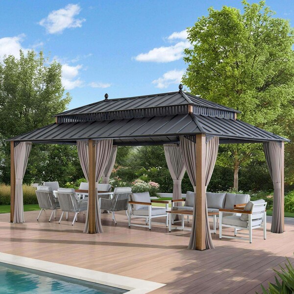 Sunjoy Kingston 20x12 Gazebo, Steel Hardtop Gazebo with Curtain and Netting - Woodgrain Aluminum Posts A1020436A000 - main