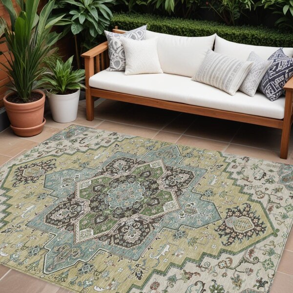 Homeroots 10' X 14' Beige Green And Brown Oriental Washable Indoor Outdoor Area Rug 600137 - main