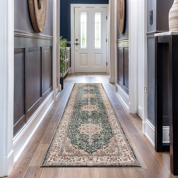 World Rug Gallery Traditional Oriental Medallion Washable Non Slip Runner Rug 2 ft x 10 ft Green WR84GREEN2X10 - main