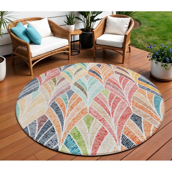 Homeroots 8' Orange Copper And Gold Round Geometric Washable Indoor Outdoor Area Rug 589238 - main