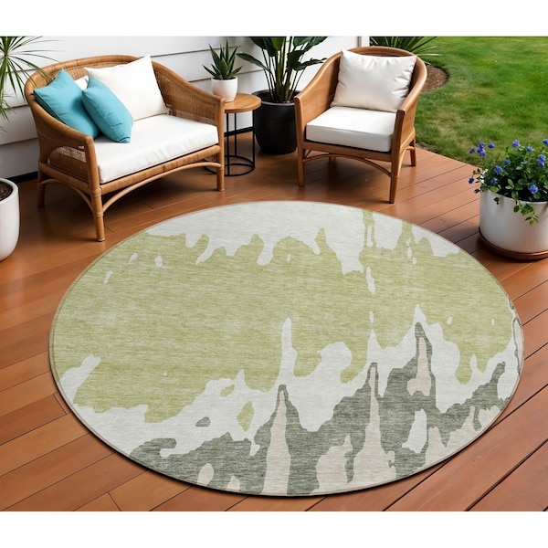 Homeroots 8' Sage And Ivory Round Abstract Washable Indoor Outdoor Area Rug 613604 - main