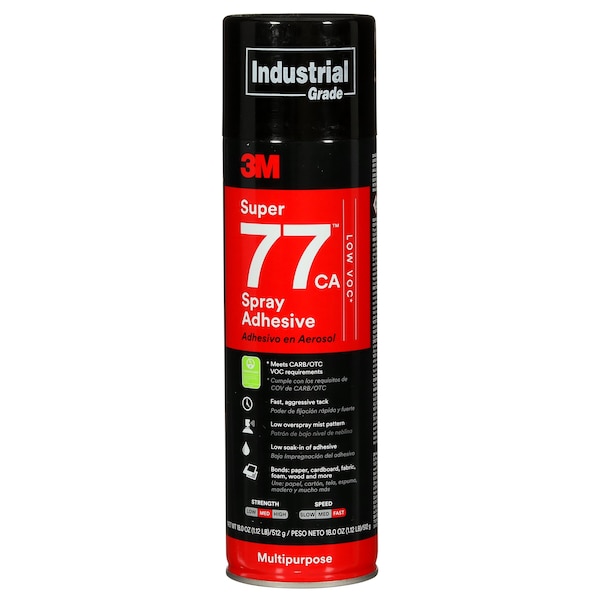 3M Super 77 CA Multipurpose Spray Adhesive, Low VOC <25%, Clear, 24 fl oz, 12PK SPRAY77CAC - main