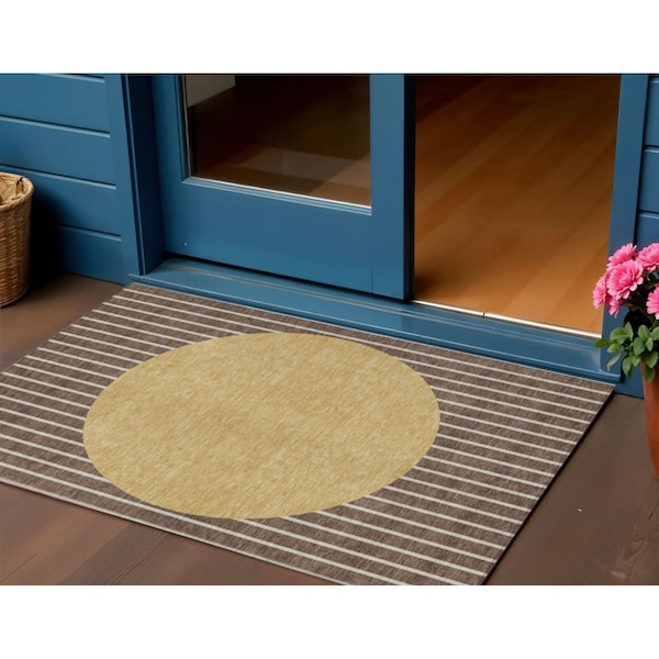 Homeroots 3' X 5' Brown And Beige Striped Washable Indoor Outdoor Area Rug 597151 - main