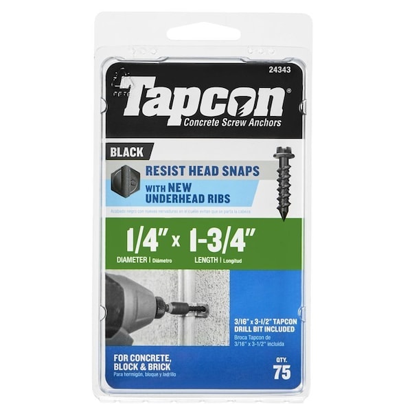 Tapcon Concrete Screw Anchor, 1/4 in Dia, 1-3/4 in L, Steel, Climaseal, 75PK 24343 - main