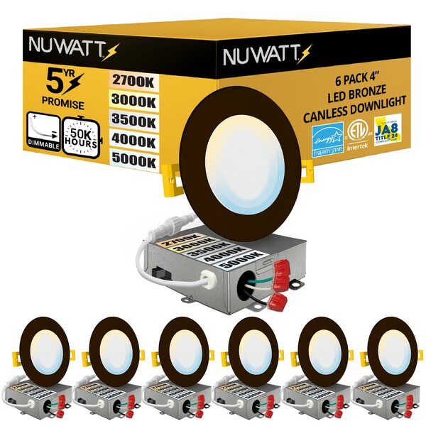 Nuwatt 4 Inch Bronze Canless Recessed Lighting Slim LED Wafer Lights, Wet Rated, 2700K-5000K, 630LM, 6PK NW-P-DL-4-9W-5CT-BZ-6P - main