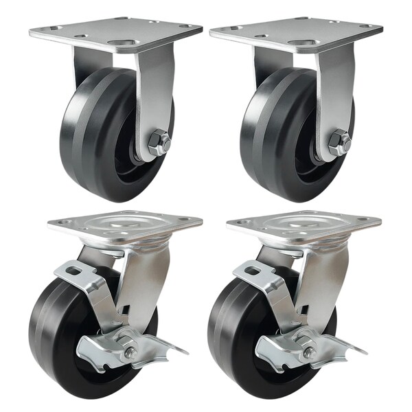 Hyw Products Heavy Duty Caster Set 5in Phenolic Wheels, 2 Rigid & 2 Swivel with Brake, 4PK 40-50R-A1-PH-2,40-50S-A1-PH-TB-2 - main