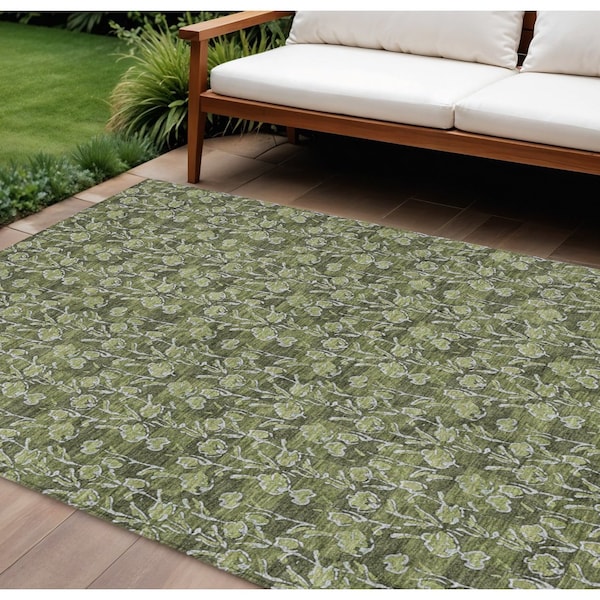 Homeroots 10' X 14' Olive Green Artichoke Green And Ivory Floral Washable Indoor Outdoor Area Rug 581917 - main