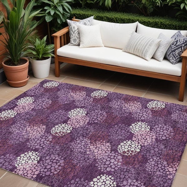 Homeroots 8' X 10' Eggplant Lavender And Ivory Polka Dot Washable Indoor Outdoor Area Rug 594229 - main