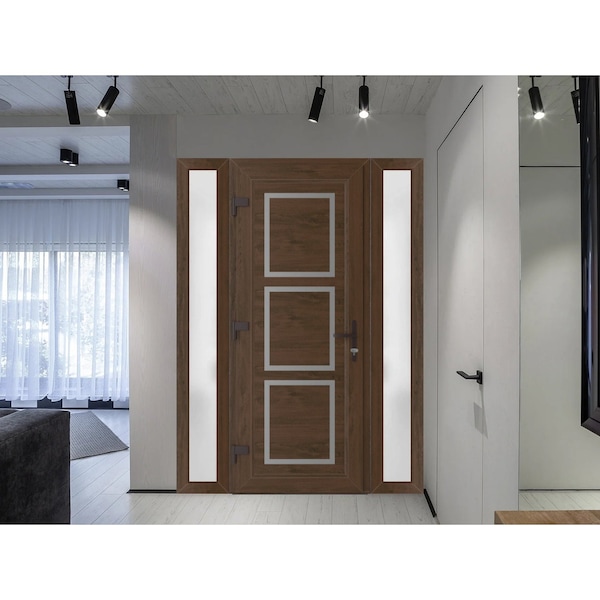 Vdomdoors Front Exterior Prehung Metal-Plastic Door, Manux 8661 Walnut, 2 Side Sidelite Transoms, Office Comm MANUX8661EXD-WLN-W14+36+14xH80-RH - main