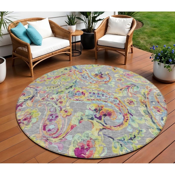 Homeroots 8' Gray Fern Green And Artichoke Green Round Paisley Washable Indoor Outdoor Area Rug 588614 - main