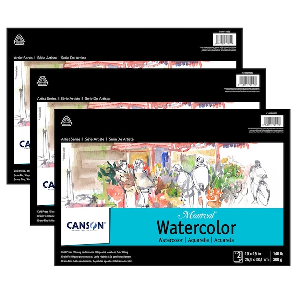 Canson Artist Series Montval Watercolor Pad, Foldover Binding, 12 Sheet, 10x15 inch, 3PK C100511052 - main
