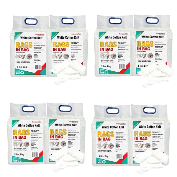 Supremeplus Recycled White Knit T-Shirt Cleaning Rags, 5 lbs. Bag, Pack of 8, 8PK SP-7554 - main