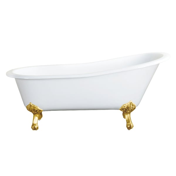 Kingston Brass 67" Cast Iron Oval Single Slipper Clawfoot Tub, No Faucet Drillings, White/Brushed Brass VCTND673122ZB7 - main