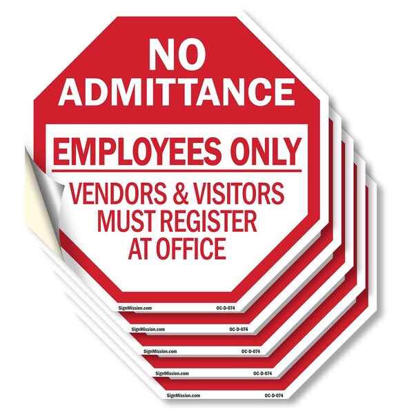 Signmission No Admittance Employees Only Vendor, 4 inch X 4 inch, Vinyl Decal, 5PK OC-D-5PACK-4-74 - main