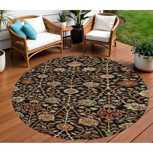 Homeroots 8' Black Brown And Red Round Floral Washable Indoor Outdoor Area Rug 603403 - main