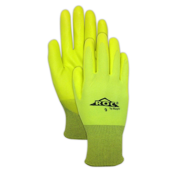 Magid Hi-Viz Ylw Knit Gloves W/Hi-Viz Ylw Micro-Foam Nitrile Palm Coating, 9, 12PK HV100-9 - main