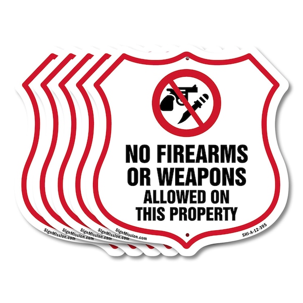 Signmission No Guns Shield Sign No Firearms Or Weapo, 12 inch X 12 inch, Aluminum Metal Sign, 5PK SHI-A-5Pack-12-395 - main