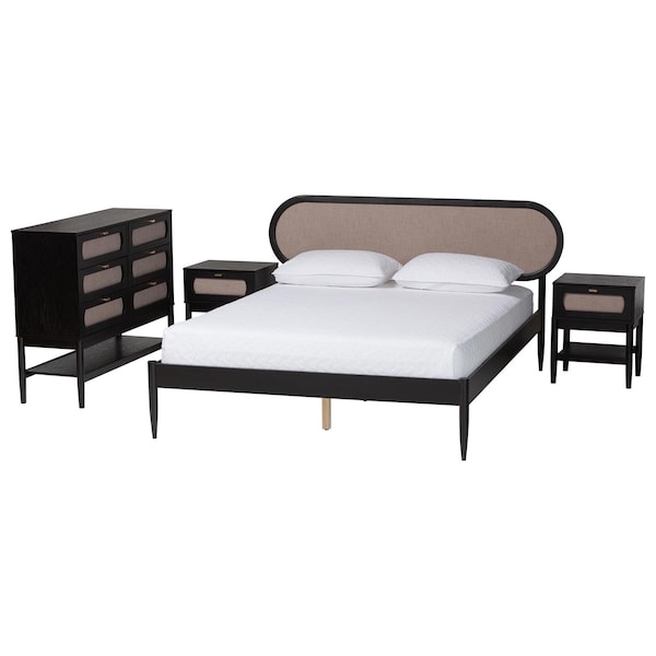 Baxton Studio Shirin Mid-Century Beige Fabric and Black Wood Queen 4-Piece Bedroom Set with Two nightstands 255-14152-14151-14149-14149-ZORO - main