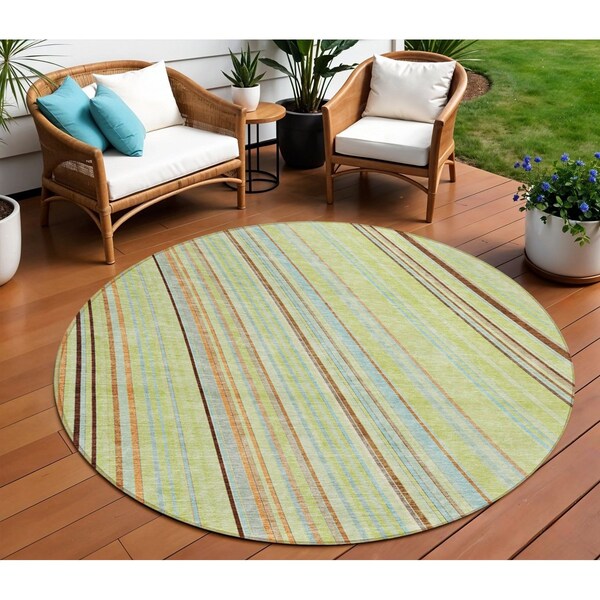 Homeroots 8' Sage Brown And Sky Blue Round Striped Washable Indoor Outdoor Area Rug 614949 - main