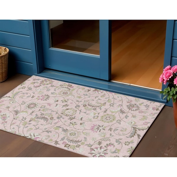 Homeroots 3' X 5' Pink Green And Gray Floral Washable Indoor Outdoor Area Rug 597836 - main