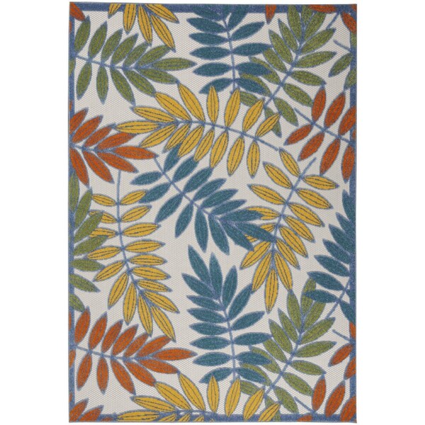 Homeroots 6' X 9' Ivory Blue Orange And Green Botanical Leaves Indoor Outdoor Area Rug 546683 - main